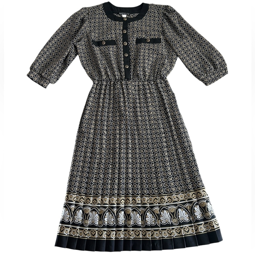 Vintage Breli‎ Originals Dress Women’s Size 10 Black Gold Geo Midi Pleated Skirt